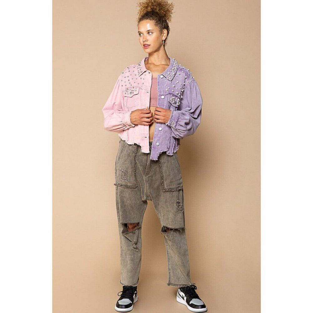 POL CLOTHING Lilac Pink Pearl Diamond Studded Half and Half Denim Jacket FWJ160A - Picture 6 of 12